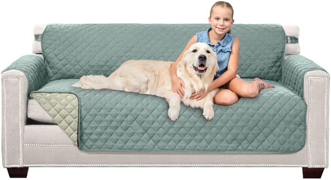 Sofa Shield Couch Slip Cover with Patented Strap, Cushion Protector, US Designed Reversible Stain and Dog Tear Resistant Slipcover, 70 inch Seat, Washable Covers for Dogs Pets, Seafoam Cream