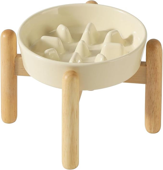 Ceramic 0.9 Cup Dog Raised Slow Feeder Set, Elevated Bowl with Wooden Stand for Small Dog, 6.1inch Pet Slow Feeder Dish for Fast Easters, Preventing Choking (Beige, Single Bowl+ Stand)