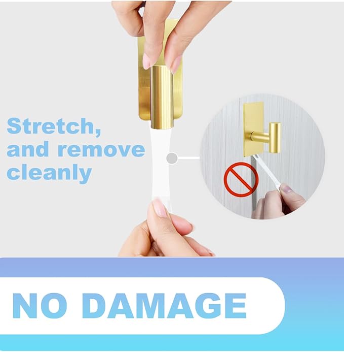 5 Pcs Towel Hooks Heavy Duty for Hanging，Adhesive Wall Hooks with Removable Strips，Sticky No Damage，Outdoor for Bathrooms，Shower，Stockings，Decor，Robe，X-Large，Gold 304 Stainless Steel