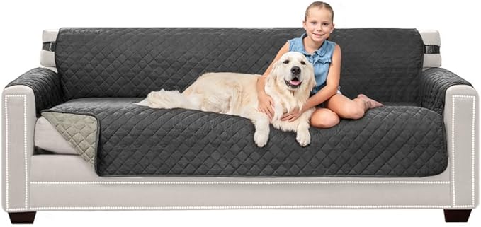 Sofa Shield Couch Slip Cover with Patented Strap, Cushion Protector, US Designed Reversible Stain and Dog Tear Resistant Slipcover, 78 inch Seat, Washable Covers for Dogs Pets, Charcoal Linen