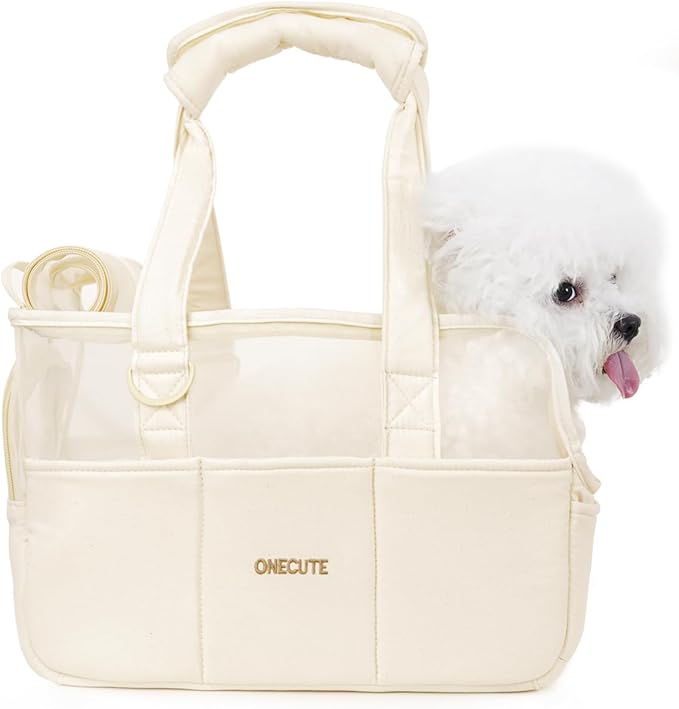ONECUTE Dog Purse Carrier for Small Dogs Rabbit cat with Large Pockets, Cotton Bag, Dog Carrier Soft Sided, Collapsible Travel Puppy Carrier (Beige Breathable, 17.0" L x 7.5" W x 12.0" H)