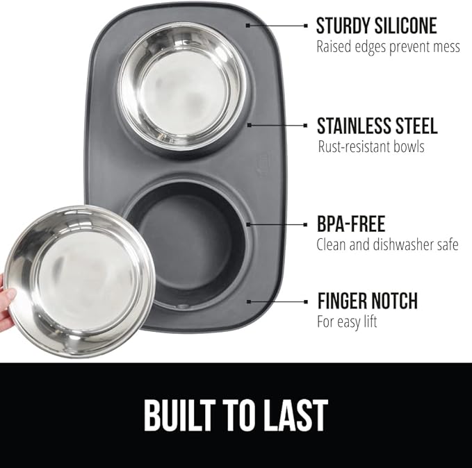 GORILLA GRIP Feeding Mat Set, Patent Pending 100% Waterproof BPA Free Silicone, Stainless Steel Cat and Dog Bowls, Slip Resistant, High Edges Catch Water Food, US Designed Pet Accessories, 1 Cup Gray
