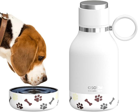 asobu Buddy Bottle, a Stainless Steel Insulated Water Bottle with Removable Dog Water Bowl and Dog Food and Treat Storage plate (White, 37 oz Water Bottle with 2 Bowls)