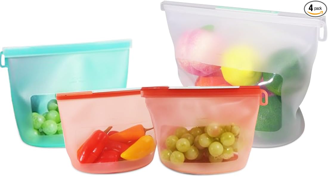 Reusable Silicone Food Storage Bags 4-Pack with 2 Sandwich, 1 Lunch, and 1 Half-Gallon, Multi-Use & Sous Vide Stand-Up Container for Soup and Leftovers, Microwave, Dishwasher, Oven and Freezer Safe
