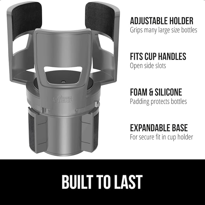 GORILLA GRIP Patent Pending Car Cup Holder Expander, Keeps Large Drink Cups Secure, Expands Fits Yeti, HydroFlask, Stanley 18 to 48oz Large Water Bottles, Coffee Mug, Adjustable Arms Insert, Gray