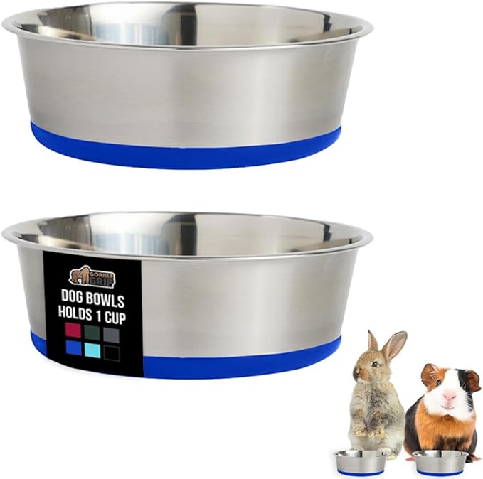GORILLA GRIP Dog Bowls, Holds 1 Cup Each (8 fl oz), Heavy Duty Stainless Steel Food and Water Bowl for Feeding Dogs and Cats, Dishwasher Safe, Rust Resistant Metal, BPA Free Rubber Base, Set of 2 Blue