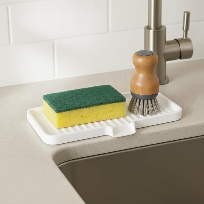 Happitasa Silicone Soap Dish Tray and Sponge Holder with Drain Chute | Bathroom and Kitchen Sink Organizer Caddy (Sand Dollar, 9"x3.5", 5.6 Ounces)