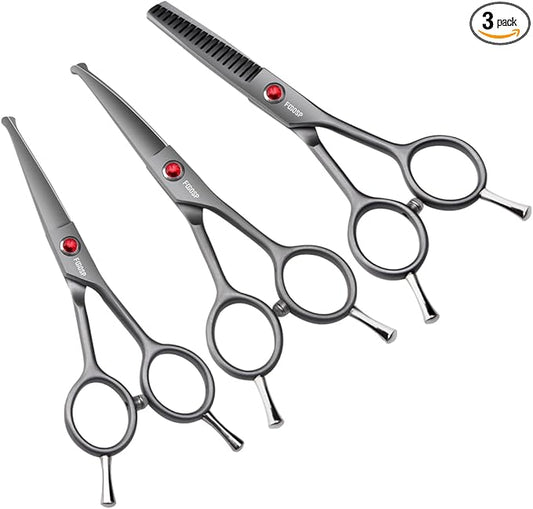 FOGOSP 4.5" Dog Grooming Scissors - 3 Pcs Curved & Straight Thinning Shears for Small Dogs & Cats - Japan 440C Stainless Steel