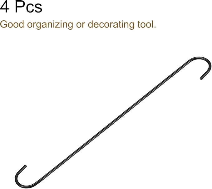 uxcell S Hanging Hooks, 16inch/400mm Extra Long Steel Hanger, Indoor Outdoor Uses for Garden, Bathroom, Closet, Workshop, Kitchen, Black, 4Pcs