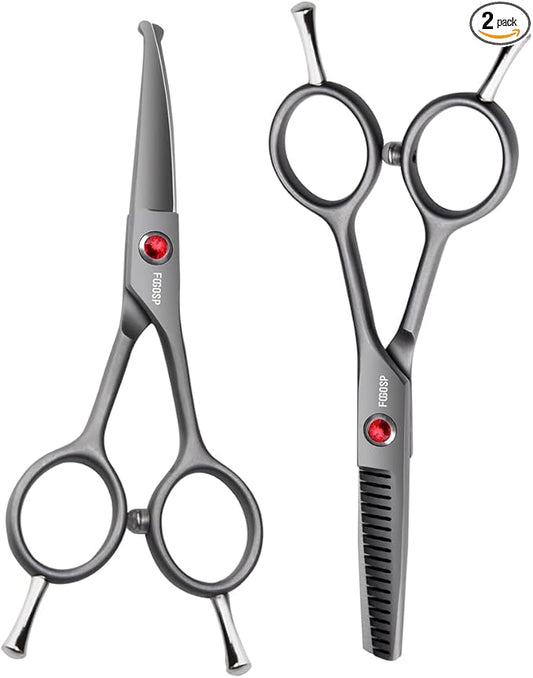 FOGOSP 4.5" Dog Grooming Scissors - 2pcs Curved Scissors & Thinning Shears for Small Dog, Cat Face & Paws - Japan 440C (2Kit)