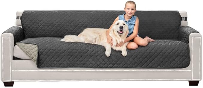 Sofa Shield Couch Slip Cover with Patented Strap, Cushion Protector, US Designed Reversible Stain and Dog Tear Resistant Slipcover, 88 inch Seat, Washable Covers for Dogs Pets, Charcoal Linen