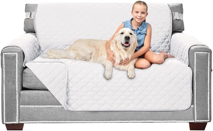 Sofa Shield Loveseat Slip Cover with Patented Strap, Cushion Protector, US Designed Reversible Stain and Dog Tear Resistant Slipcover, 54 inch Seat, Washable Covers for Dogs Pets Kids, White