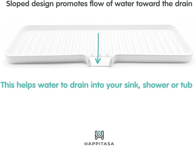 Happitasa Silicone Soap Dish Tray and Sponge Holder with Drain Chute | Bathroom and Kitchen Sink Organizer Caddy (Black, 12"x4", 7.4 Ounces)
