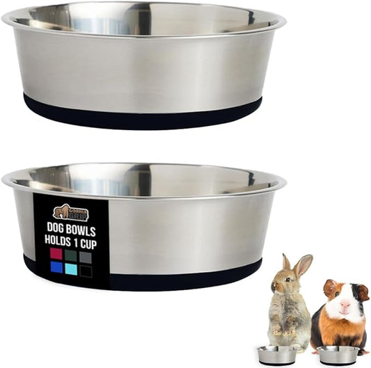 GORILLA GRIP Dog Bowls, Holds 1 Cup Each (8 fl oz), Heavy Duty Stainless Steel Food and Water Bowl for Feeding Dogs and Cats, Dishwasher Safe, Rust Resistant Metal BPA Free Rubber Base, Set of 2 Black