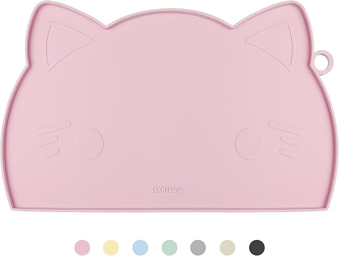 Coomazy Cat Food & Water Mat, Thicker Non-Slip Silicone Mat with Raised Edge (Pink, Medium)