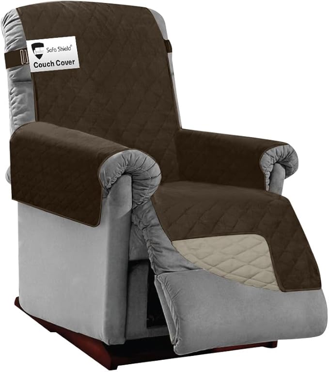 Sofa Shield Recliner Slip Cover with Patented Strap, Cushion Protector, US Designed Reversible Stain and Dog Tear Resistant Slipcover, 25 inch Seat, Washable Covers for Dogs Pets, Chocolate Beige