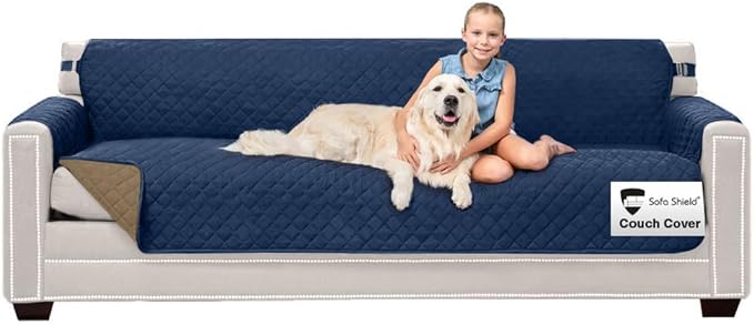Sofa Shield Couch Slip Covers for Dogs, Reversible Furniture Protector with Strap, Stain and Tear Resistant Cushion Cover, 88 inch Seat, Machine Washable Slipcover Pets, Cats, Navy Sand