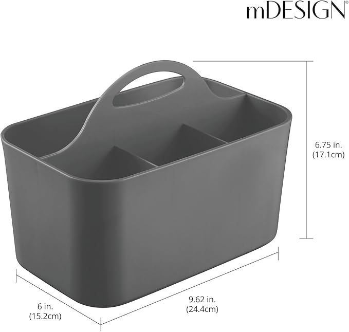 mDesign Plastic Small Office Storage Organizer Utility Tote Caddy with Handle for Cabinets, Desks, Workspaces - Hold Desktop Office Supplies, Pencils, Staplers Lumiere Collection, 2 Pack, Dark Gray