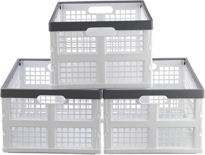 Waikhomes 30 L Foldable Crate Basket, Set of 3 Plastic Stackable Box for Storage (White)