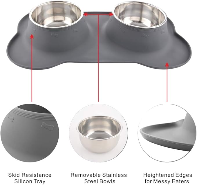 Dog Bowls with Mat, Cat Water Food Bowl Set (13.5oz Each) in No Spill Silicone Mat, Dual Pet Feeder Bowl for Puppy, Cats, Small Medium Dogs (Bone Shape, Grey)