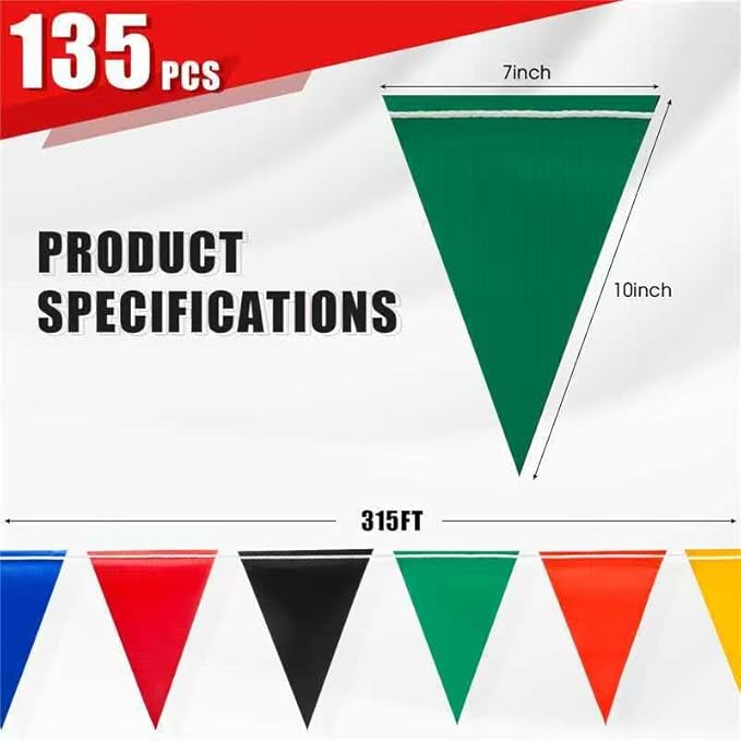 Safety Warning Pennant Banner Flags – Multipurpose 315FT OSHA High Visibility Colored Triangle Flags for Outdoor,Party, Roadwork, and Hazard Areas(MULTICOLOR,135pcs,315FT)