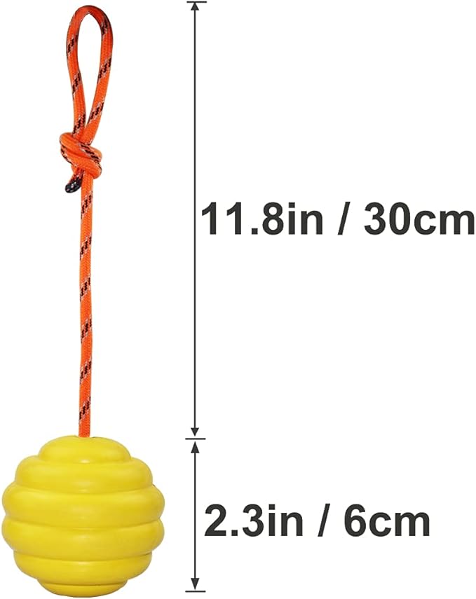 K9 Training Ball with Rope, Exercise and Reward Toy for Dogs - Indestructible Dog Toy Ball with Handle for Training Pull, Throw, Tug - Belgian Malinois Gifts (Yellow)