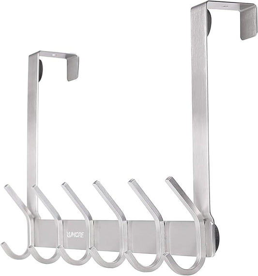 YUMORE Over The Door Hooks, SUS304 Stainless Steel Heavy Duty Door Hanger for Coats Robes Hats Clothes Towels, Hanging Towel Rack Organizer, Easy Install Space Saving Bathroom Hooks, Brushed Finish