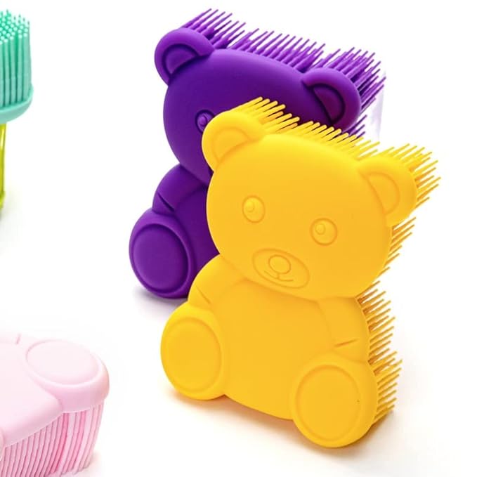 Premium Sensory Brush for Kids or Autism,Soft Silicone Body Scrubber,2 in 1 Sensory Room Occupational Therapy Sensory Brushes,Silicone Loofah,Pets Shower Brush Bath Brush Shampoo Brush(Bear-Yellow)