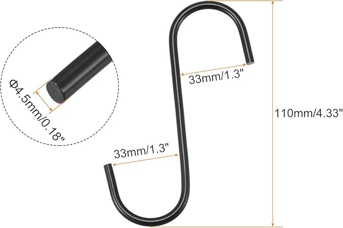 uxcell S Hanging Hooks, 4inch/110mm Extra Long Steel Hanger, Indoor Outdoor Uses for Garden, Bathroom, Closet, Workshop, Kitchen, Black, 6Pcs