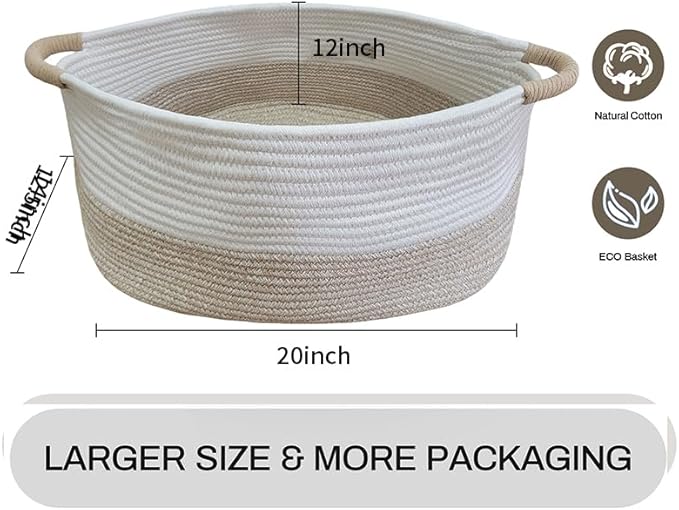 Large Cotton Rope Storage Basket with Handles, Hamper, Laundry Basket, 20 "L x 14" W x 12 "H, Home Decor for Storage Blanket &Toy, etc .(White & Light Khaki)