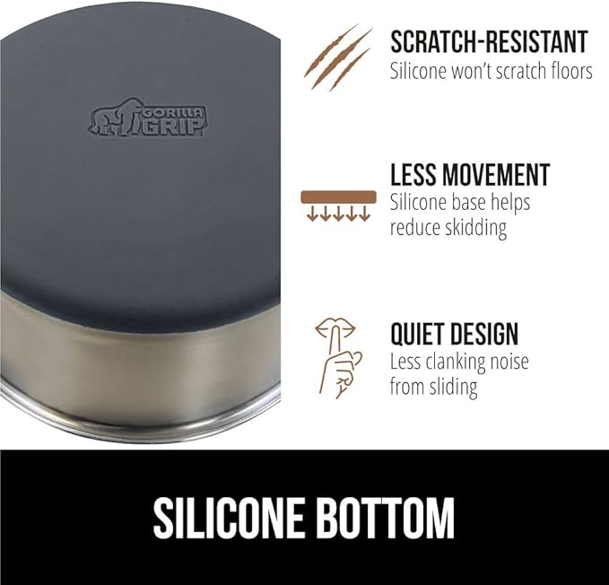 GORILLA GRIP Dog Bowls, Holds 1 Cup Each (8 fl oz), Heavy Duty Stainless Steel Food and Water Bowl for Feeding Dogs and Cats, Dishwasher Safe, Rust Resistant Metal, BPA Free Rubber Base, Set of 2 Gray