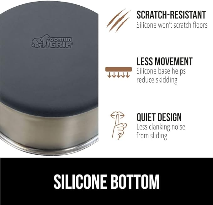 GORILLA GRIP Set of 2 Dog Bowls, Holds 8 Cups (64 fl oz), Heavy Duty Metal Food and Water Bowl for Feeding Dogs and Cats, Dishwasher Safe, Rust Resistant Stainless Steel, BPA Free Rubber Base, Gray