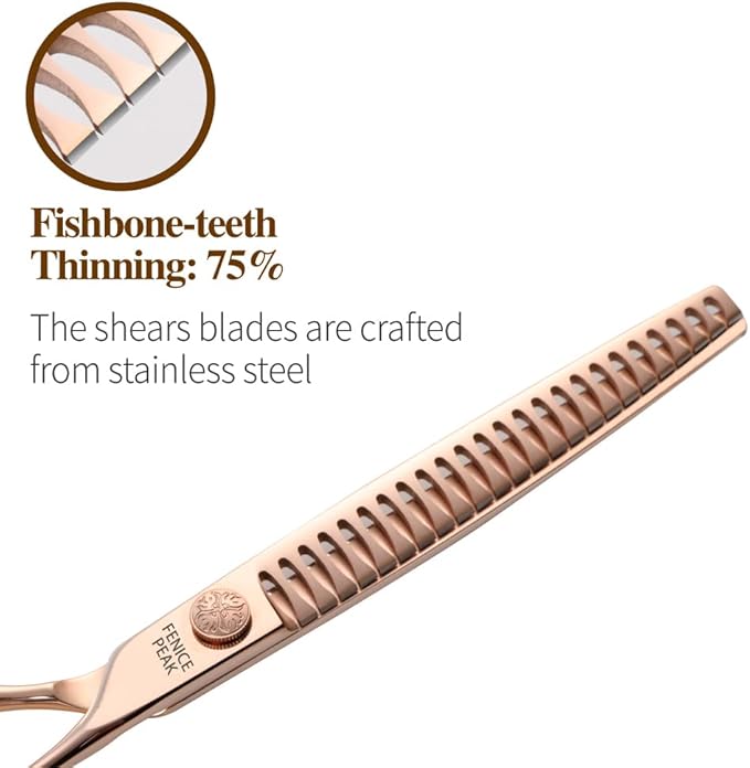 Fenice Peak Chunker Dog Grooming Scissors Champagne Gold 440C Stainless Steel Professional Trimming Thinning Shears for Dogs and Cats 75% Thinning Rate