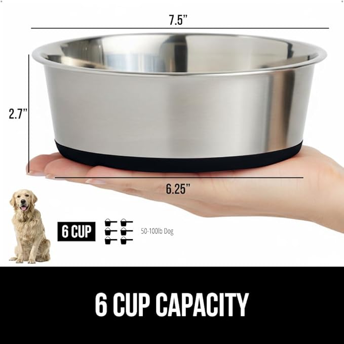 GORILLA GRIP Set of 2 Dog Bowls, Holds 6 Cups (48 fl oz), Heavy Duty Metal Food and Water Bowl for Feeding Dogs and Cats, Dishwasher Safe, Rust Resistant Stainless Steel, BPA Free Rubber Base, Black