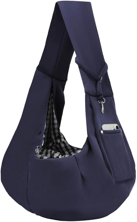 Dog Carrier Sling - Reversible Puppy Carrier Purse with Storage Pocket, Hand-Free Dog Sling Carrier for Carry Small Dogs and Cats, Travel Safety Harness, Dog and Cat Harness (Dark Blue)