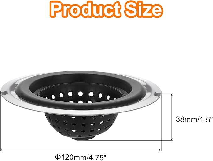 uxcell Silicone Sink Strainer, 2Pcs Kitchen Sink Drain Strainer Stopper with Detachable Stainless Steel Edge 4.7" Diameter Rim, Black