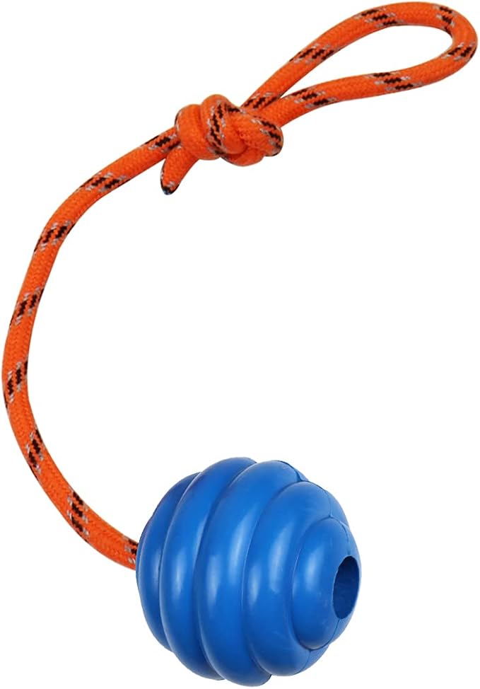 K9 Training Ball with Rope - Indestructible Dog Toy for Training, Pull, Throw, Tug and Fetch - Belgian Malinois Gifts (Blue)