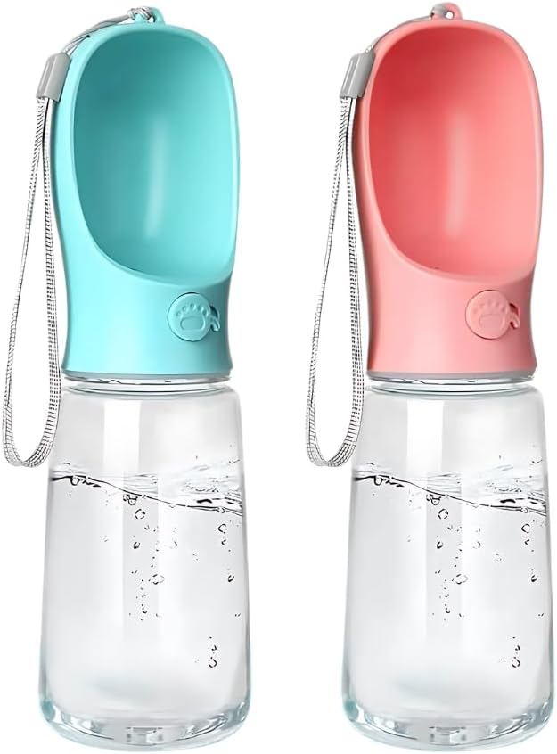 Portable Pet Water Bottle with Drinking Bowl, 12 oz, Pink and Turquoise (Pink, Medium)