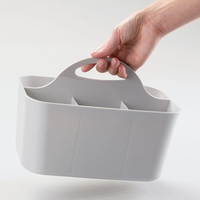 mDesign Plastic Small Office Storage Organizer Utility Tote Caddy Holder with Handle for Cabinets, Desks, Workspaces - Holds Desktop Office Supplies, Pencils, Staplers Lumiere Collection - Light Gray