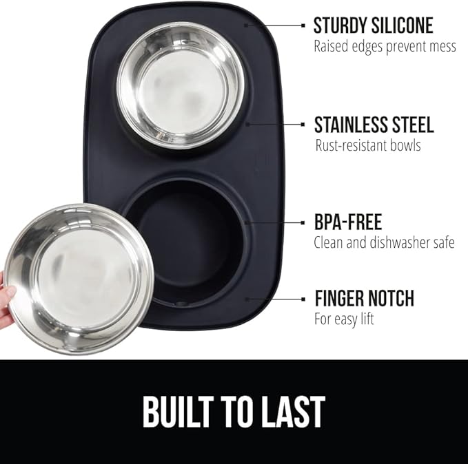 GORILLA GRIP Feeding Mat Set, 3 Cup, Patent Pending 100% Waterproof BPA Free Silicone, Stainless Steel Cat and Dog Bowls, Slip Resistant, High Edges Catch Water Food, US Designed Pet Accessories Black