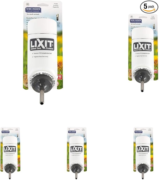 Lixit Wide Mouth BPA-Free Cage Water Bottles for Rabbits, Ferrets, Guinea Pigs, Rats, Chinchillas, Hamsters, Mice, Hedgehogs, Gerbils and Other Small Animals. (Translucent, 8 Ounce) (Pack of 5)
