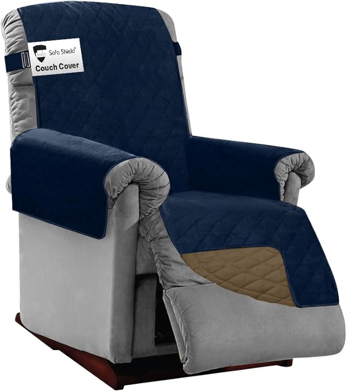 Sofa Shield Recliner Slip Cover with Patented Strap, Cushion Protector, US Designed Reversible Stain and Dog Tear Resistant Slipcover, 25 inch Seat, Washable Covers for Dogs Pets, Navy Sand