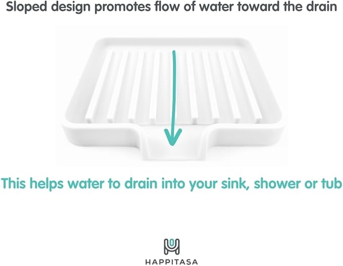 Happitasa Silicone Soap Dish Tray and Sponge Holder with Drain Chute, Pack of 2 | Bathroom and Kitchen Sink Organizer Caddy (Grey, 5.2"x4", 7.2 Ounces)