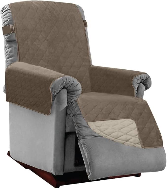 Sofa Shield Recliner Slip Cover with Patented Strap, Cushion Protector, US Designed Reversible Stain and Dog Tear Resistant Slipcover, 25 inch Seat, Washable Covers for Dogs Pets, Latte Linen