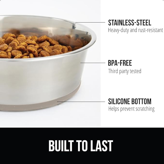 GORILLA GRIP Dog Bowls, Holds 1 Cup Each (8 fl oz), Heavy Duty Stainless Steel Food and Water Bowl for Feeding Dogs and Cats, Dishwasher Safe, Rust Resistant Metal BPA Free Rubber Base, Set of 2 Beige