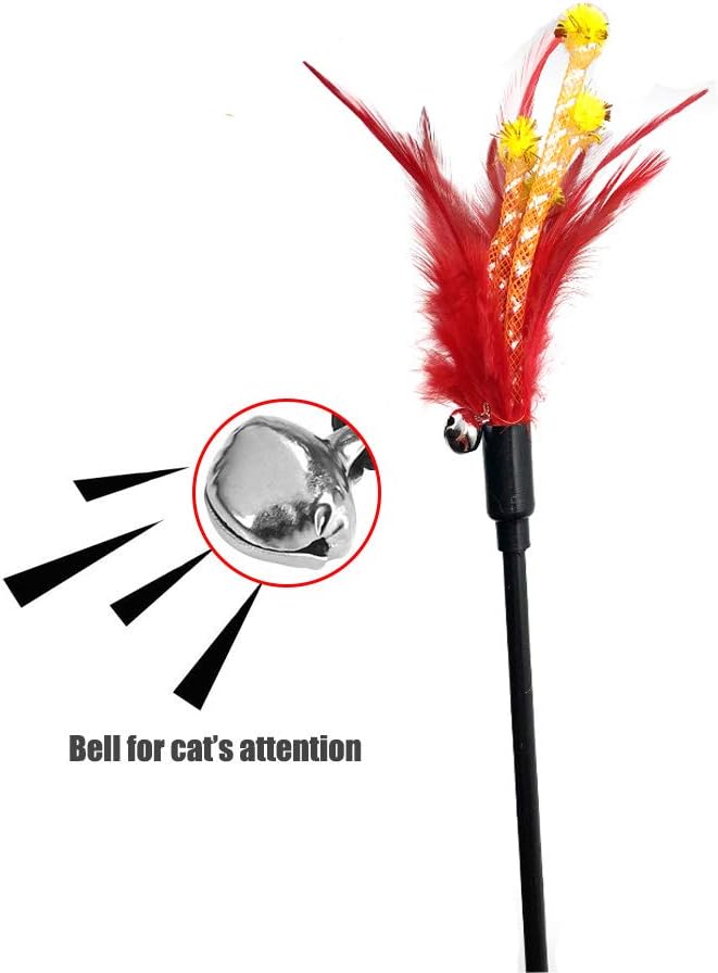 Cat Wand, 4 PCS Interactive Feather Stick Flexible Kitten Wand Safe Cat Teaser Wand for Indoor, All Breed Sizes