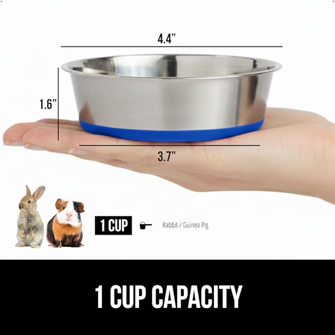 GORILLA GRIP Dog Bowls, Holds 1 Cup Each (8 fl oz), Heavy Duty Stainless Steel Food and Water Bowl for Feeding Dogs and Cats, Dishwasher Safe, Rust Resistant Metal, BPA Free Rubber Base, Set of 2 Blue