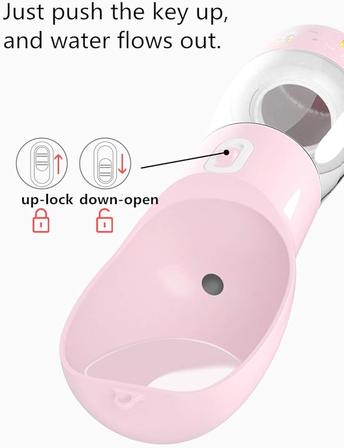 Misthis Portable Dog Water Bottle - Leak Proof Dog Water Dispenser with Bowl & Food Container, Dishwasher Safe Food Grade Plastic for Pet Puppy Outdoor Walking Hiking Travel Pink