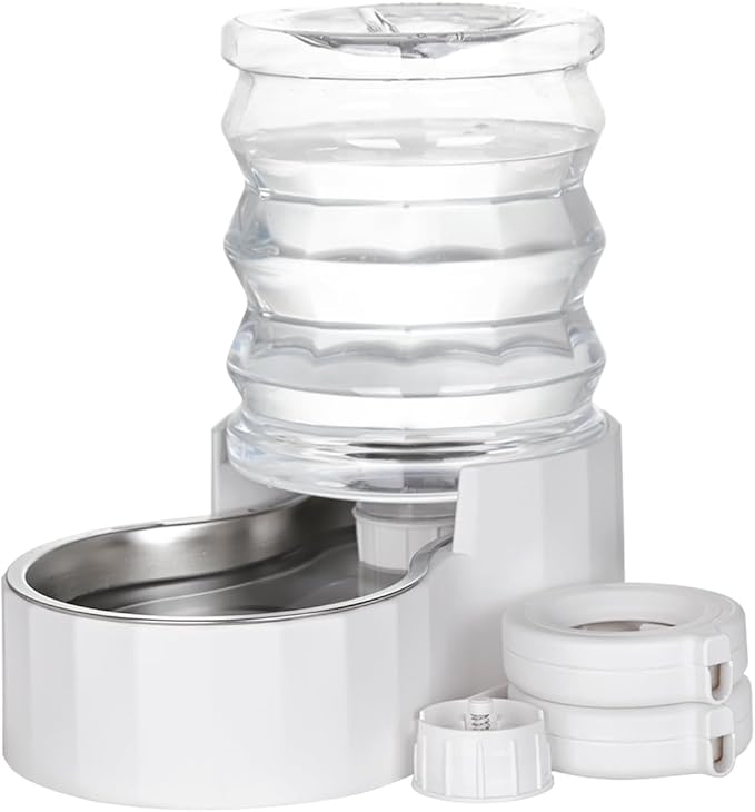 RIZZARI Automatic Dog Water Bowl: 5L Gravity Stainless Steel Cat Water Dispenser - with Two Caps and Filters for 8-20 LB Elderly Dogs with Spinal Problems - for Kitchen Bedroom