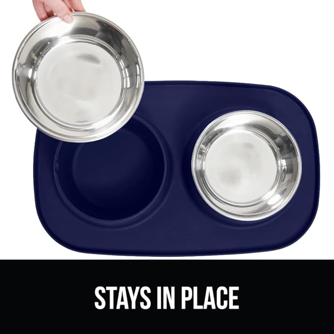 GORILLA GRIP Feeding Mat Set, Patent Pending 100% Waterproof BPA Free Silicone, Stainless Steel Cat and Dog Bowls, Slip Resistant, Edges Catch Water, Food, US Designed Pet Accessories, 2 Cup Navy Blue